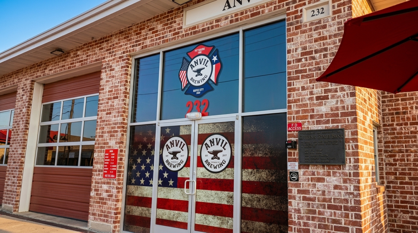 The Anvil Brewing storefront in the historic Royse City fire station