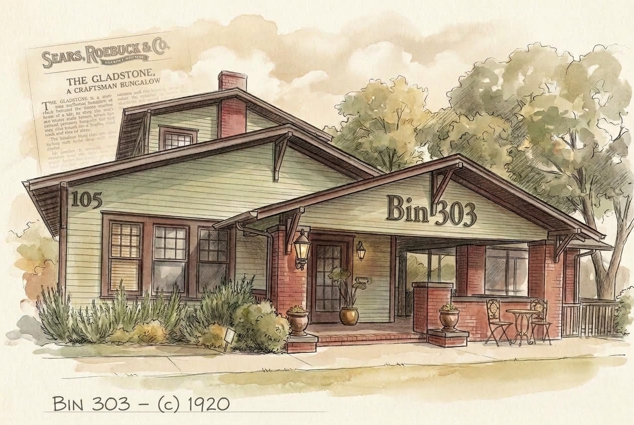 Nostalgic watercolor architectural rendering of the historic Bin 303 craftsman house