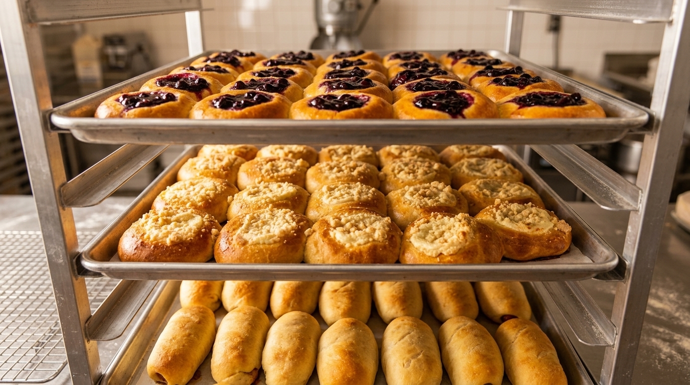 Warm, mouth-watering photography of freshly baked kolaches and pastries on baking racks