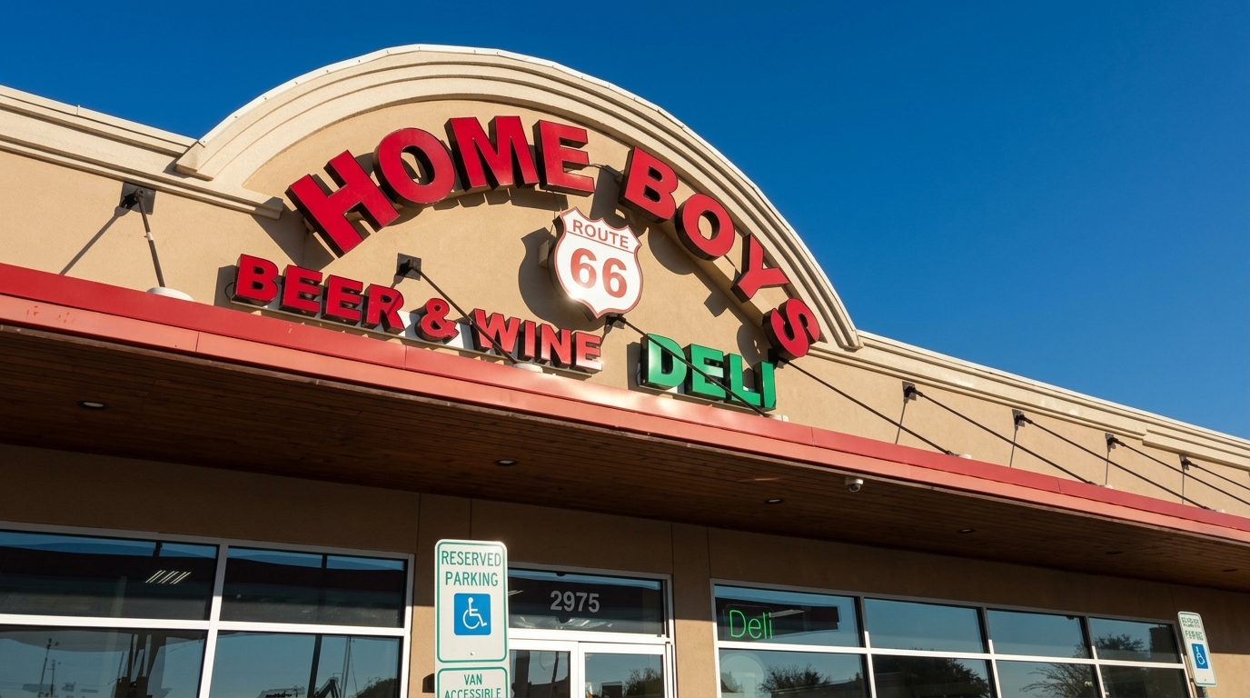 Crisp architectural photography of the Homeboys Exxon storefront sign