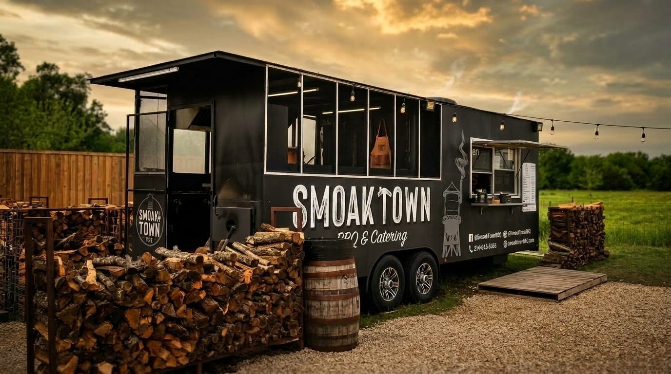 Professional editorial photography of the Smoak Town BBQ food trailer and stacked wood