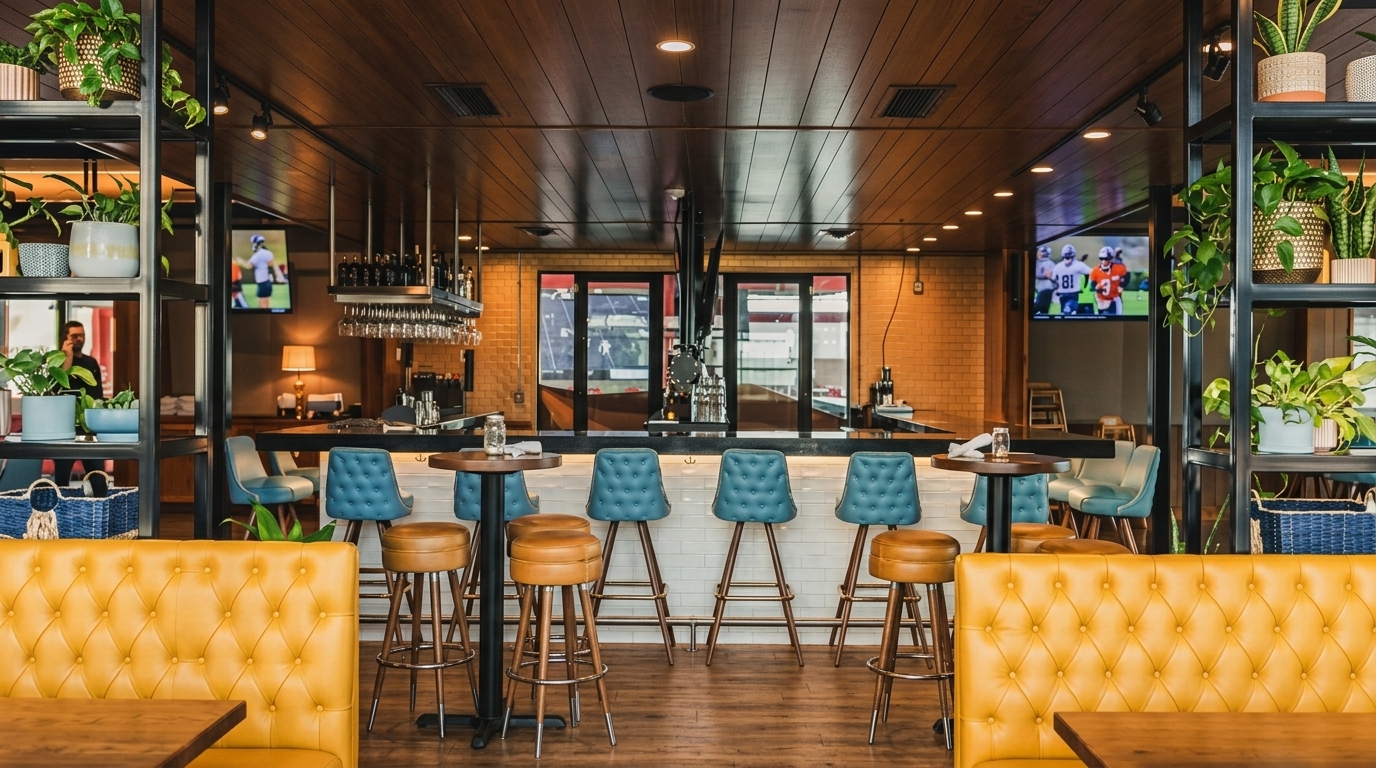 Interior bar area of Standard Service in Heath featuring warm wood, a white subway tile bar, and robin's egg blue tufted stools