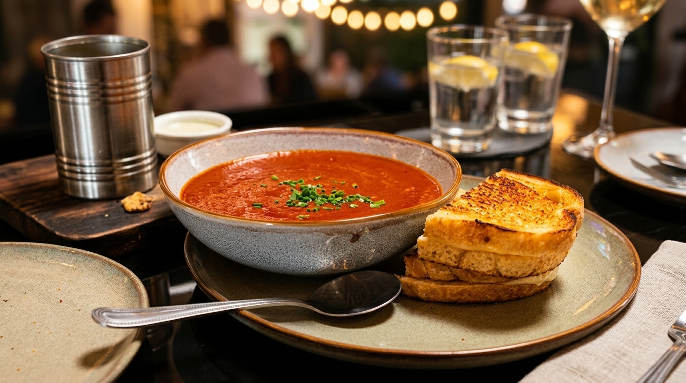 Professional food photography of Zanata's tomato bisque soup and grilled cheese with warm restaurant bokeh